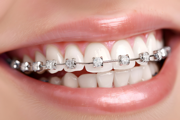 ワイヤー矯正の治療を受けている女性