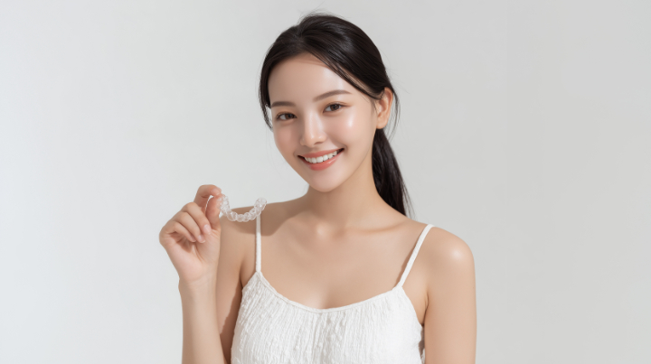 スマーティーで矯正をする笑顔の女性