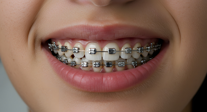 ワイヤー矯正をしている女性の口元