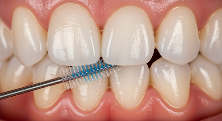 歯間ブラシでケアをする口元のアップ