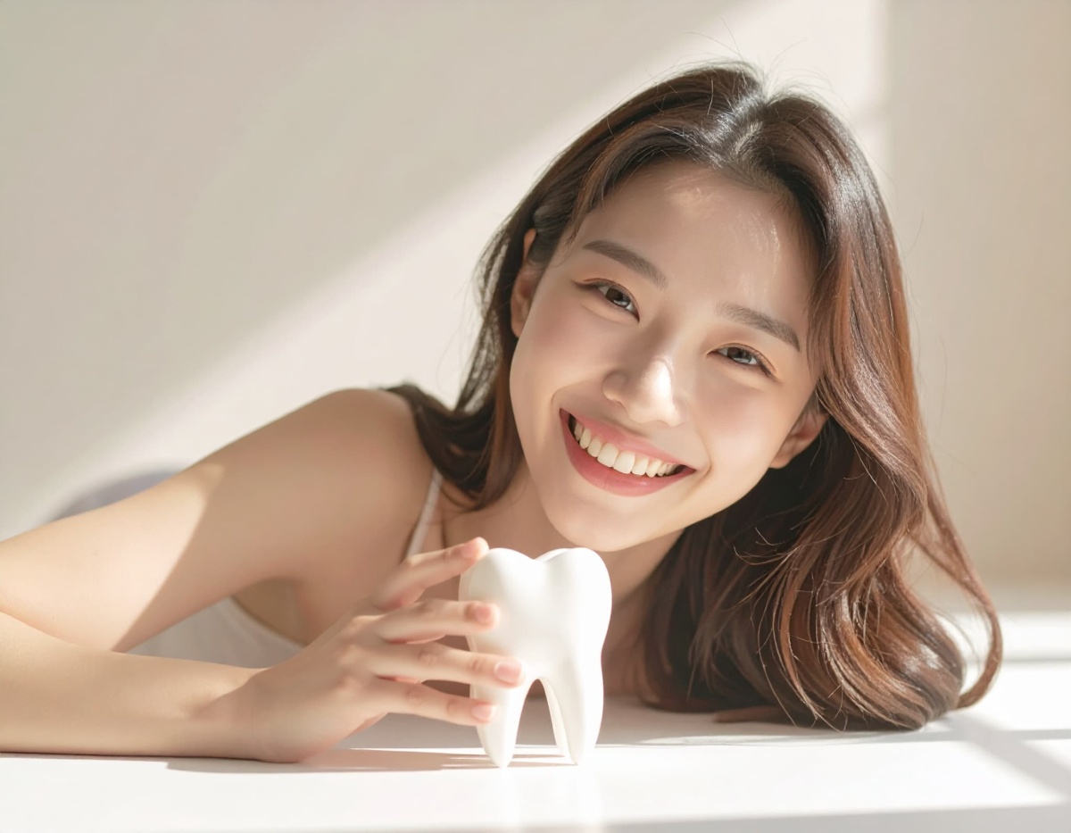 真っ白な歯の模型を持った笑顔の女性